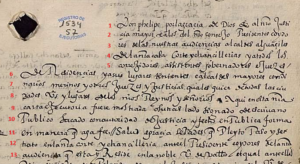 Documento del siglo 16 con líneas numeradas